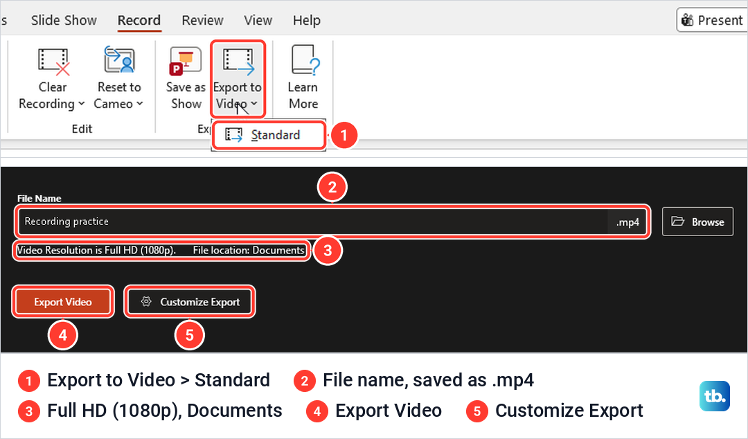 PowerPoint Record tab Export to Video Standard command and the recording studio's Export to video page.