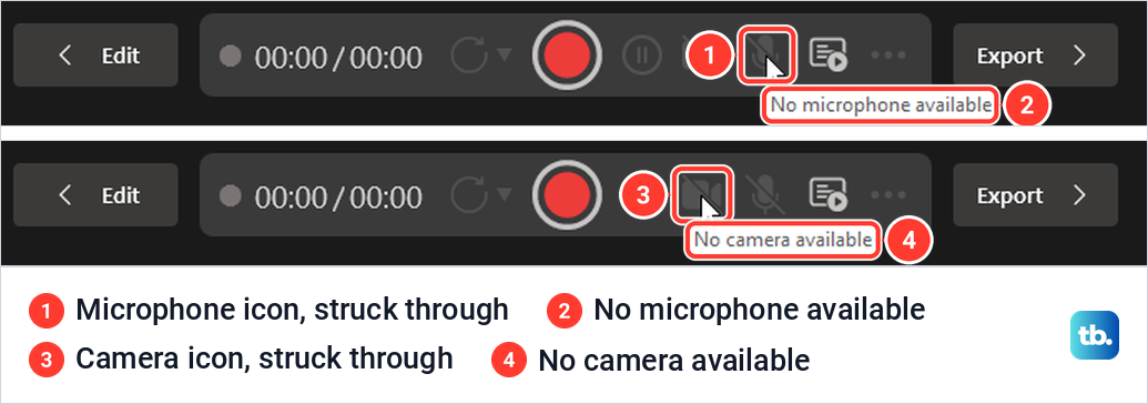 PowerPoint recording studio tooltips reading No microphone available and No camera available on struck-through icons.