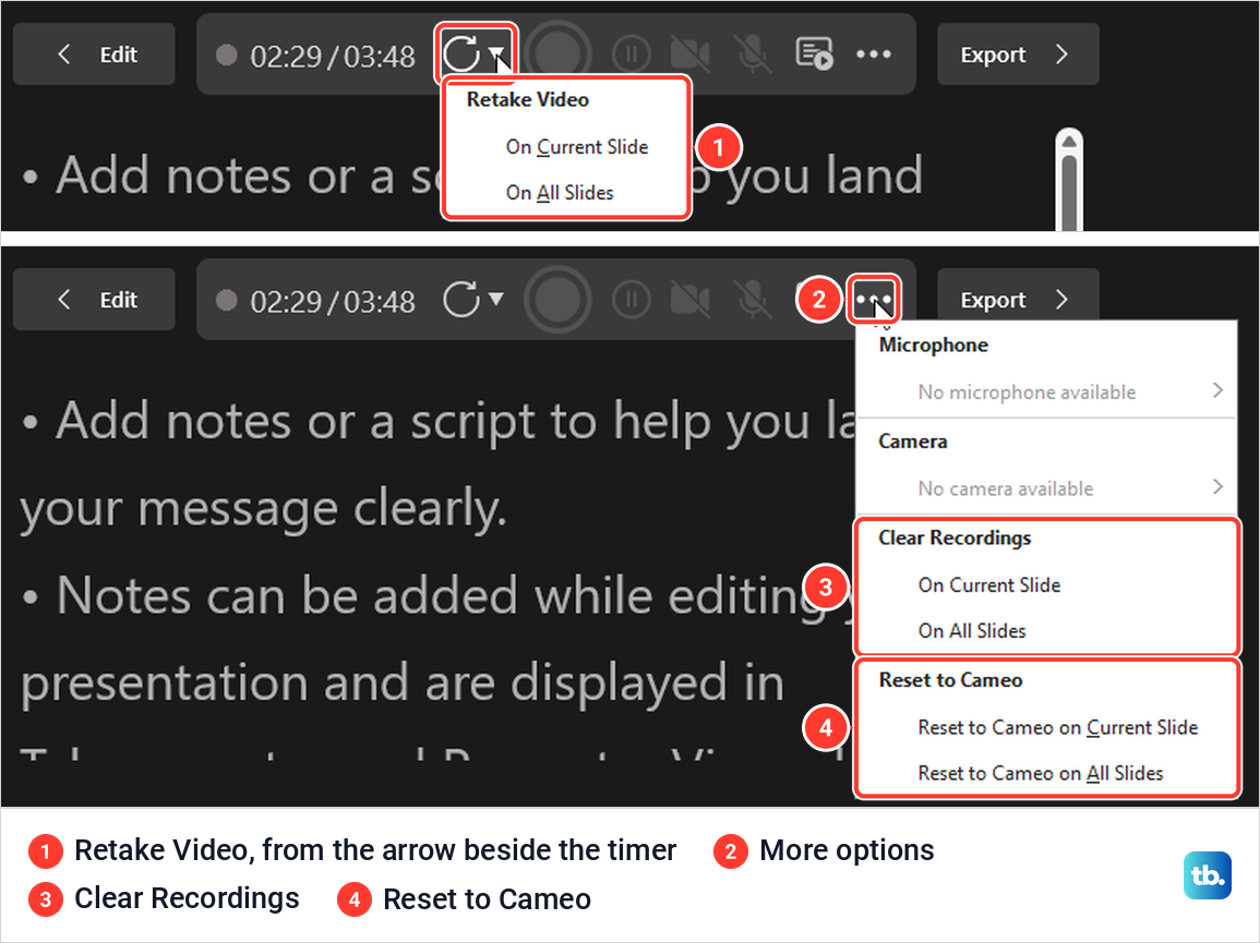PowerPoint recording studio after Stop, showing the Retake Video menu and the More options menu with Clear Recordings.