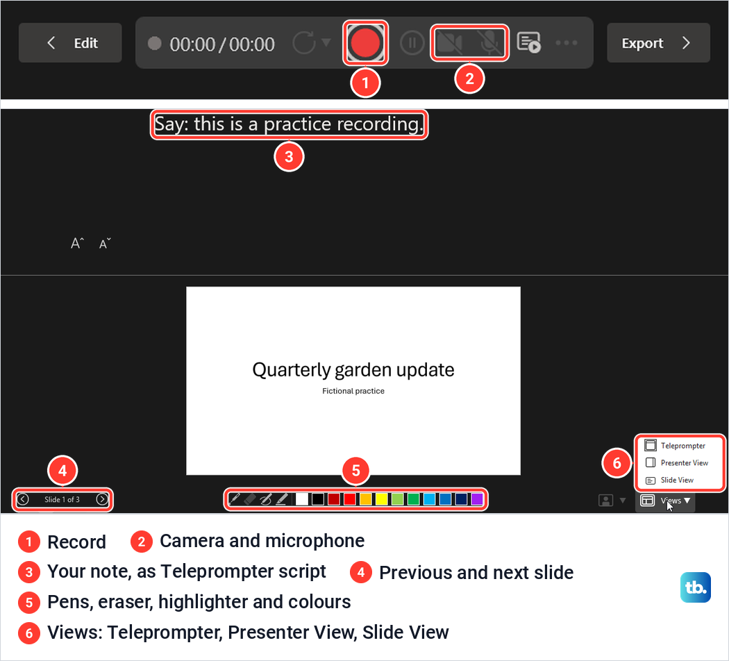 PowerPoint recording studio with the red Record button, speaker note as Teleprompter text and the Views menu open.