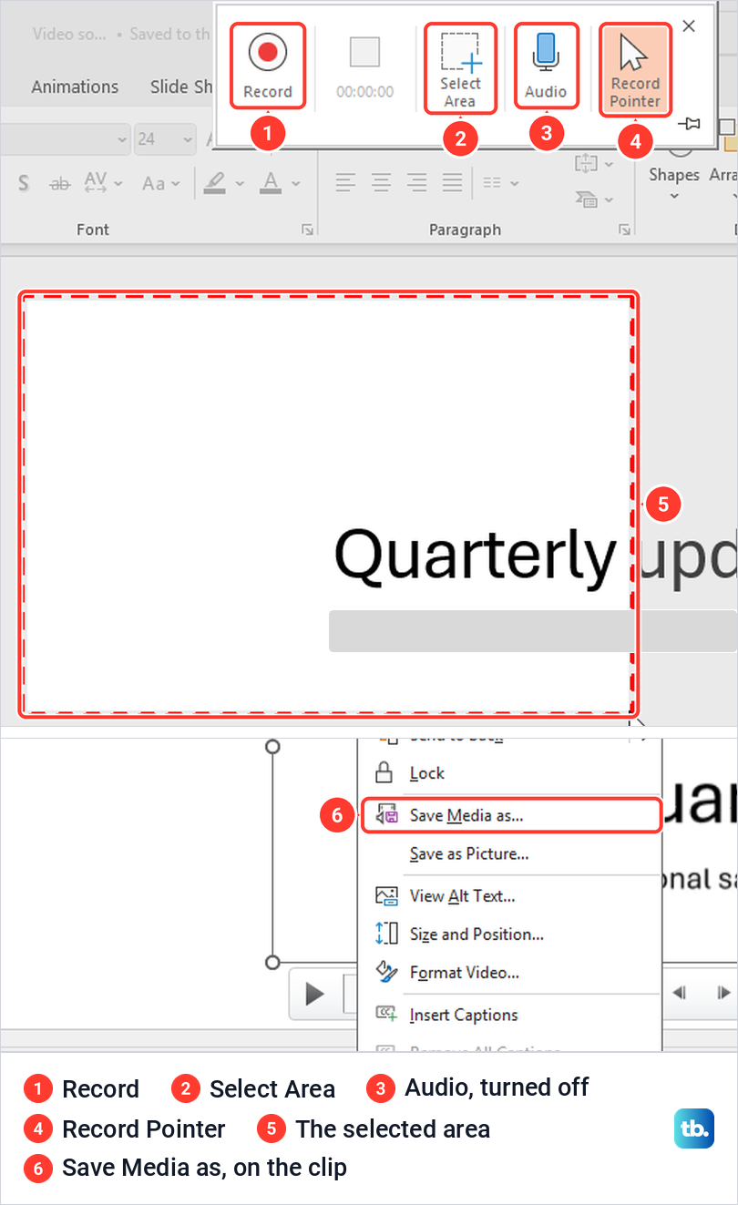 PowerPoint screen recording dock with Select Area and Audio, a red dashed area, and Save Media as on the clip.