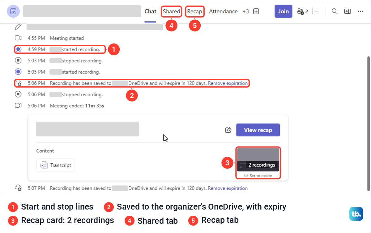 Teams meeting chat showing recording start and stop lines, a saved to OneDrive line and a recap card.