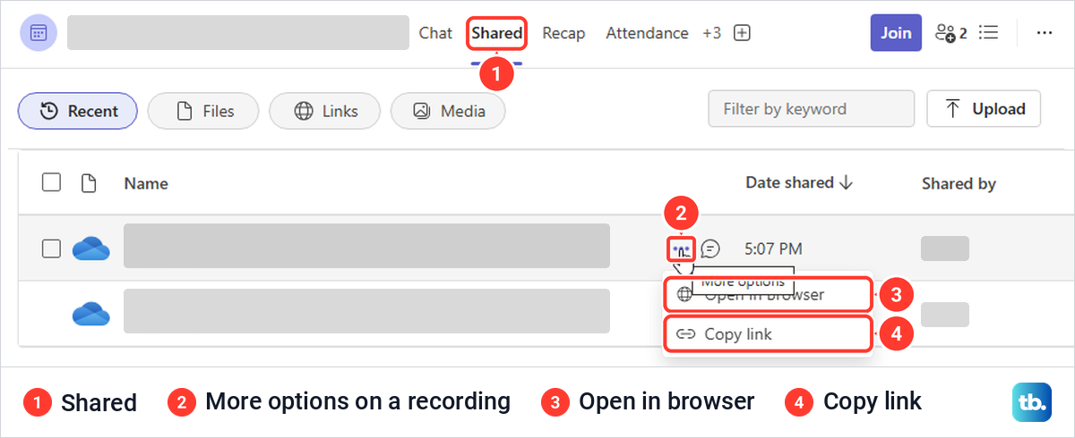 Teams meeting chat Shared tab with a recording row menu offering Open in browser and Copy link.