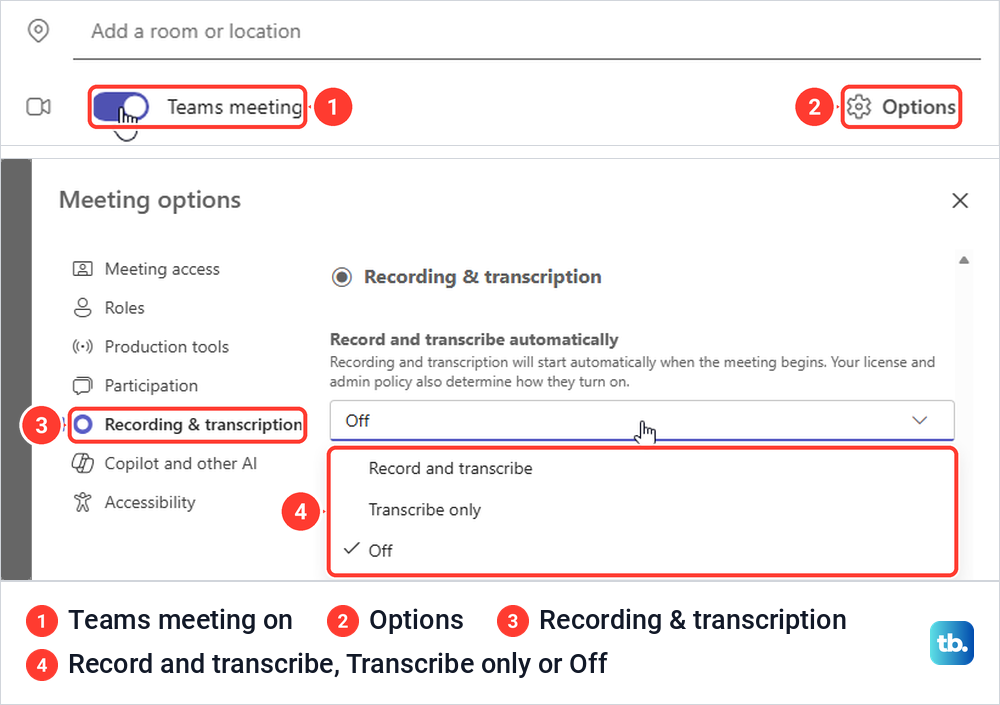 Teams new event form with Teams meeting on and Meeting options showing Record and transcribe automatically.