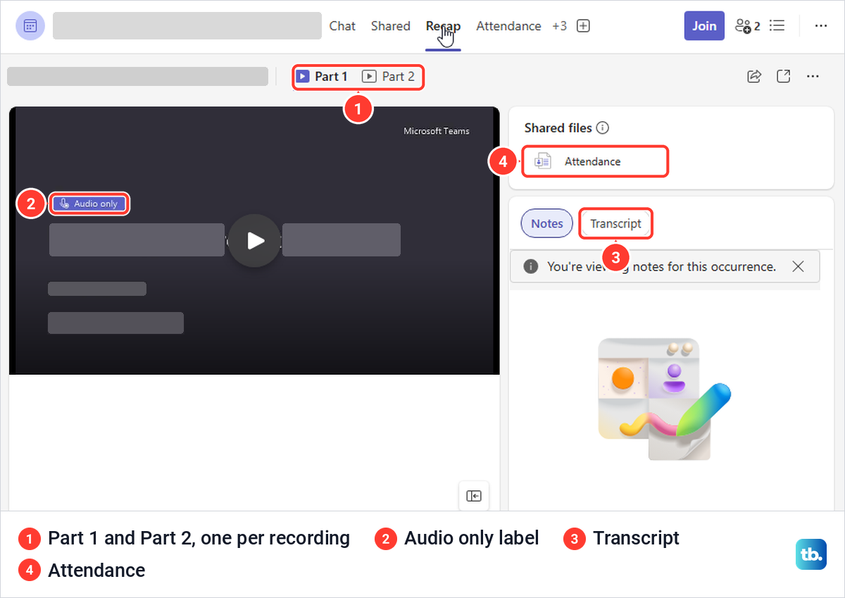 Teams meeting Recap tab with Part 1 and Part 2, an Audio only label, Transcript and Attendance.