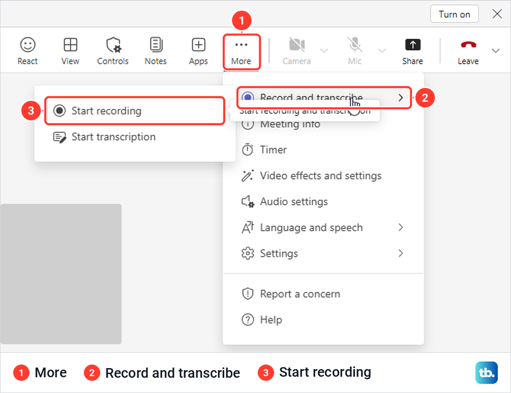 Teams meeting More menu with Record and transcribe open and Start recording highlighted.