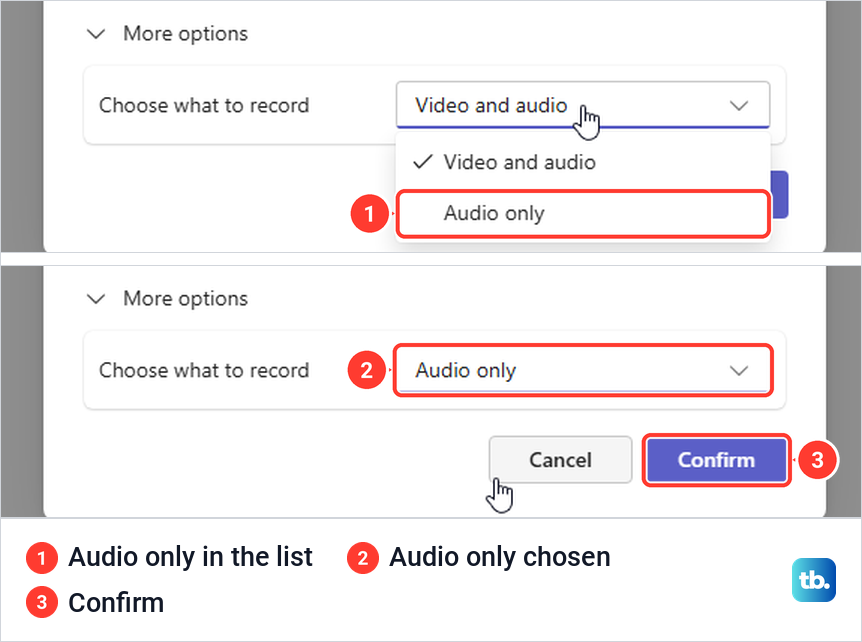 Teams Choose what to record list with Audio only selected before Confirm.
