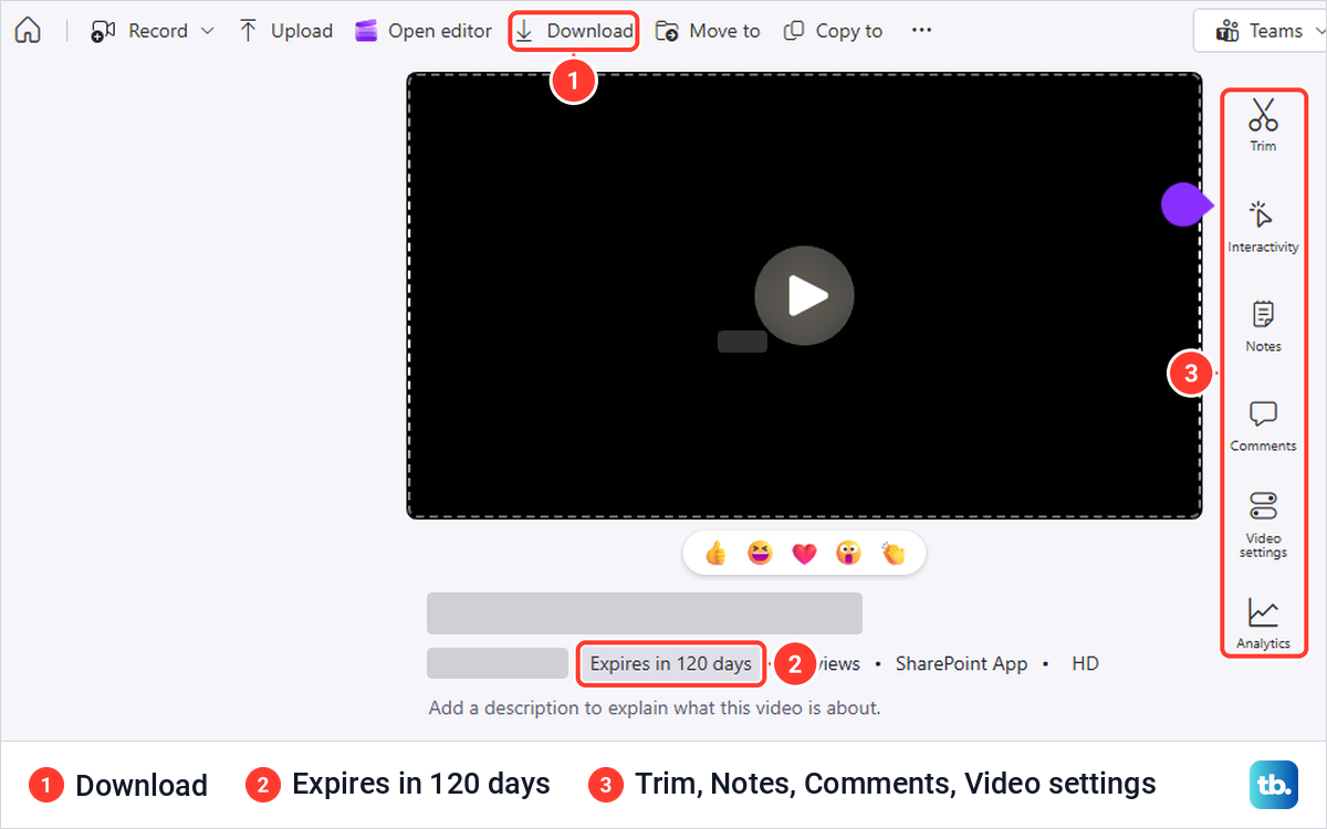 Teams meeting recording open in the browser video player with Download and Expires in 120 days.