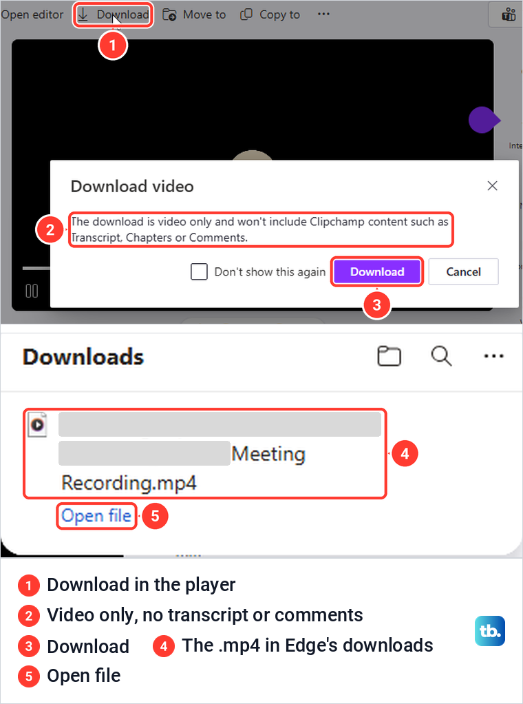 Teams recording Download video warning and the saved MP4 file in Edge downloads.