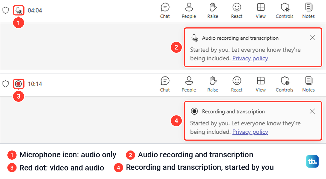 Teams meeting toolbar showing a microphone icon and a red dot beside the timer with recording notices.