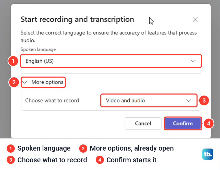 Teams Start recording and transcription dialog with spoken language, Choose what to record and Confirm.