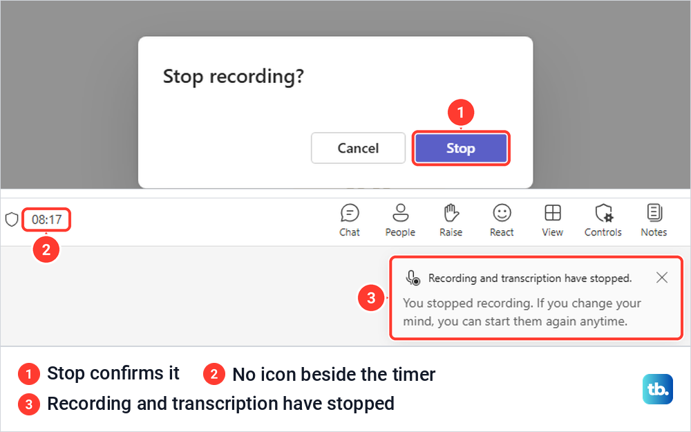 Teams Stop recording confirmation dialog and the Recording and transcription have stopped notice.