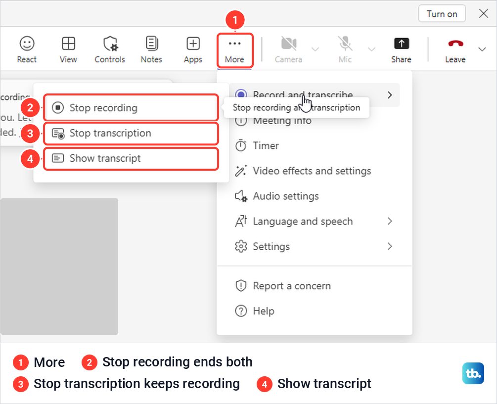 Teams Record and transcribe submenu during recording with Stop recording, Stop transcription and Show transcript.