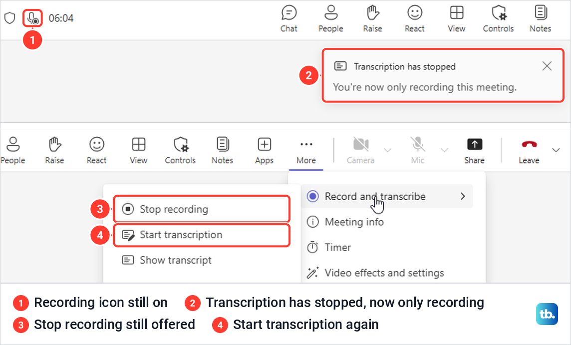 Teams notice Transcription has stopped while the recording icon stays beside the meeting timer.