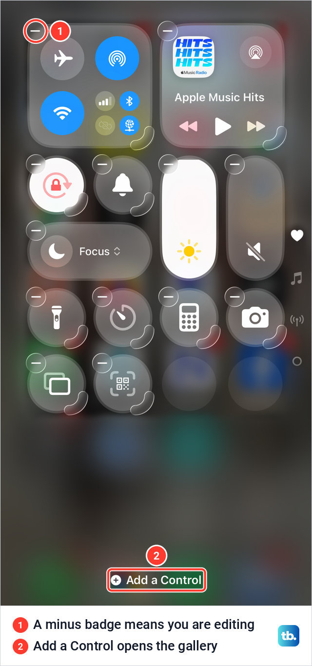 iPhone Control Center in editing mode with minus badges on every control and Add a Control at the bottom.