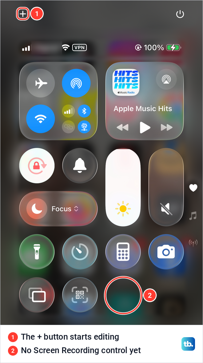 iPhone Control Center with the plus button at the top left and no Screen Recording control yet.