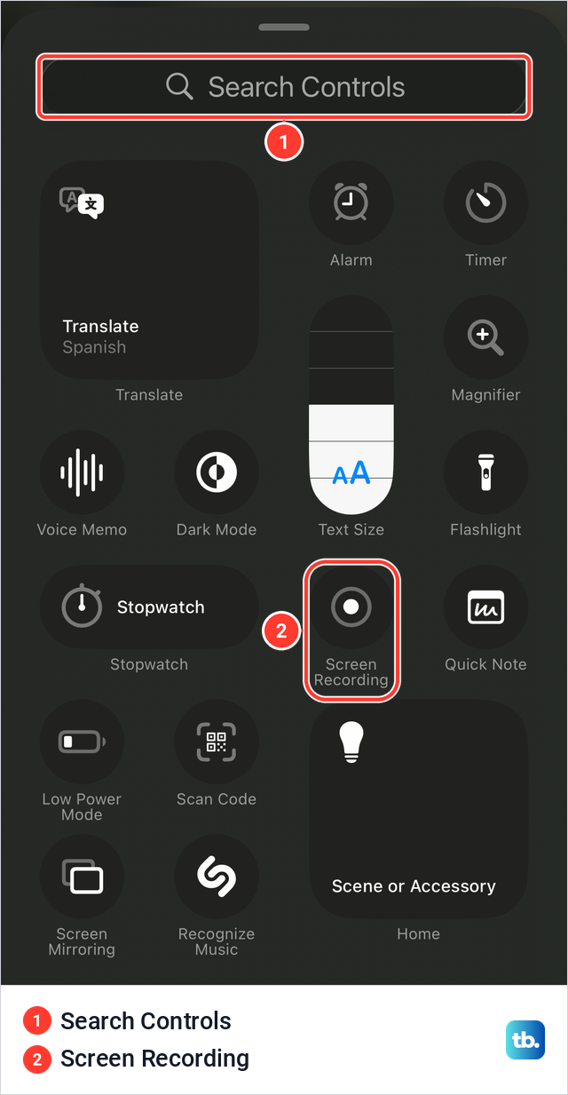 The iPhone controls gallery with Search Controls at the top and the Screen Recording tile among the system controls.