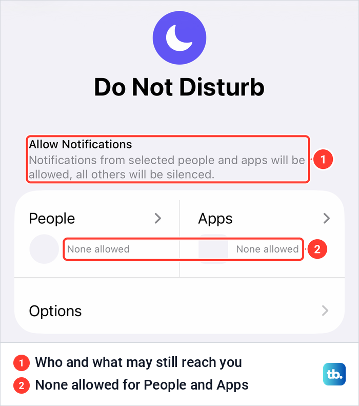 iPhone Do Not Disturb settings with Allow Notifications and None allowed for both People and Apps.