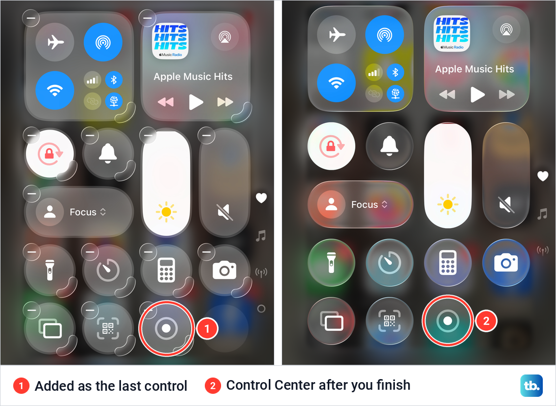 Two views of iPhone Control Center showing the new Screen Recording control as the last control.