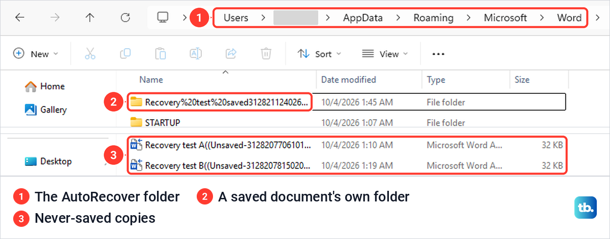 File Explorer showing Word's AutoRecover folder in AppData with recovery copies and a document folder.