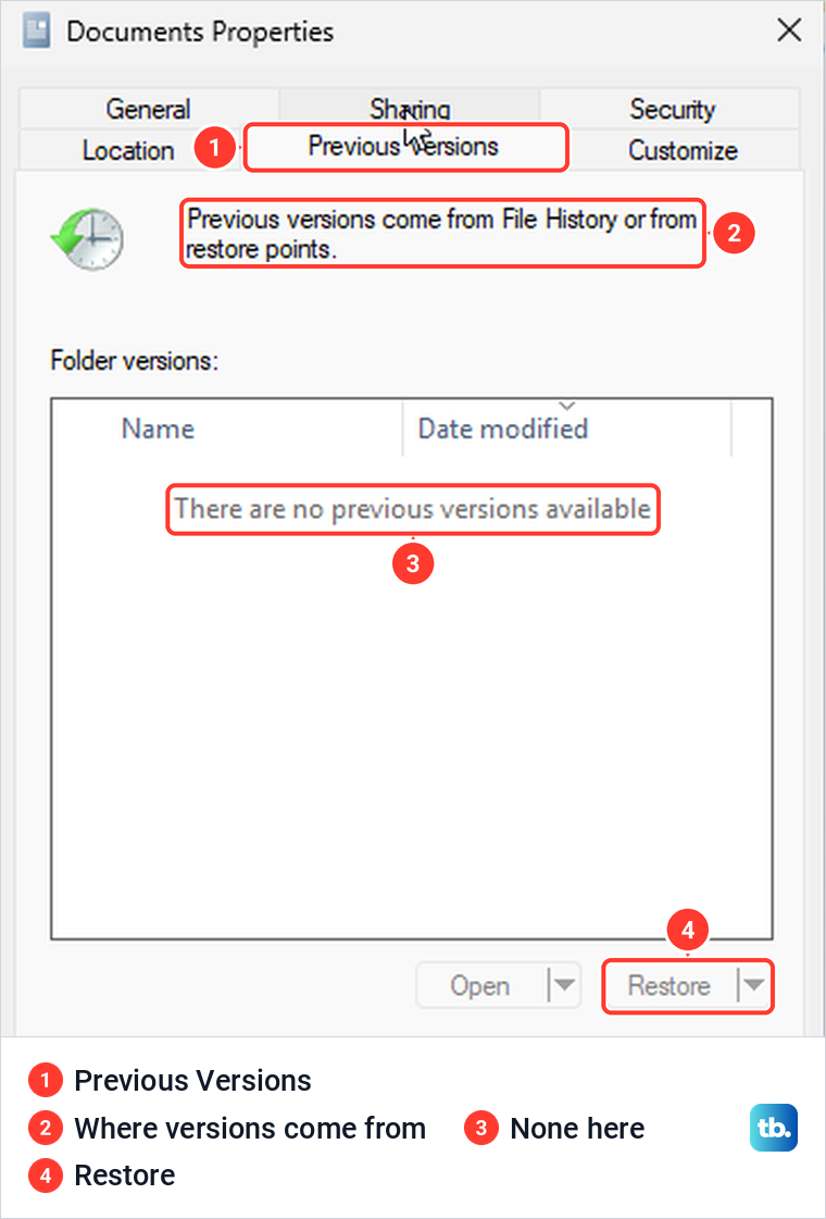 Documents Properties on the Previous Versions tab saying there are no previous versions available.