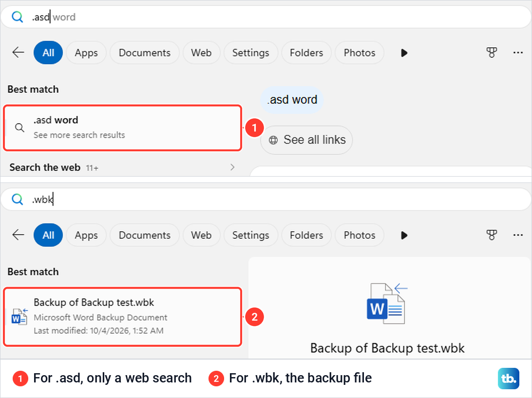 Start menu search showing only a web search for .asd and the Word backup file for .wbk.