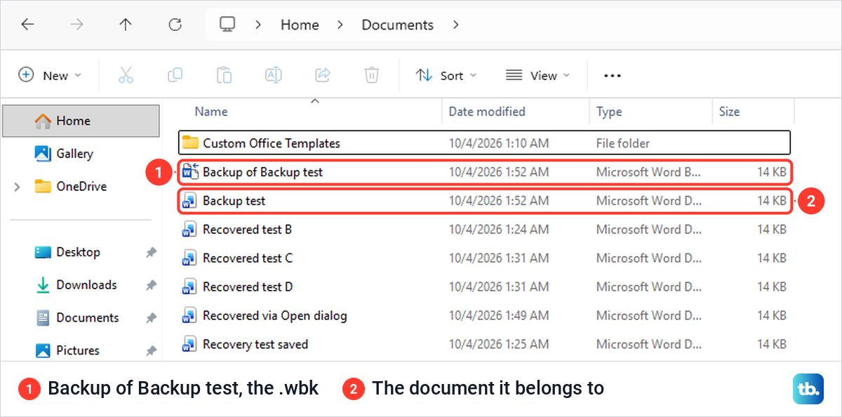 File Explorer Documents folder with a Word backup file named Backup of Backup test above the document.