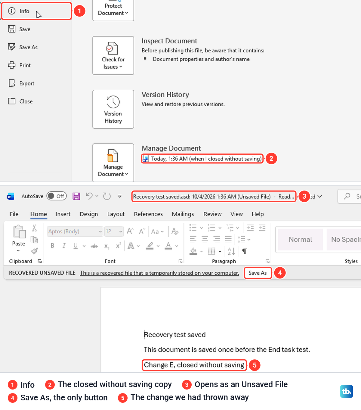 Word Info page listing a copy marked when I closed without saving, and that copy opened read-only.