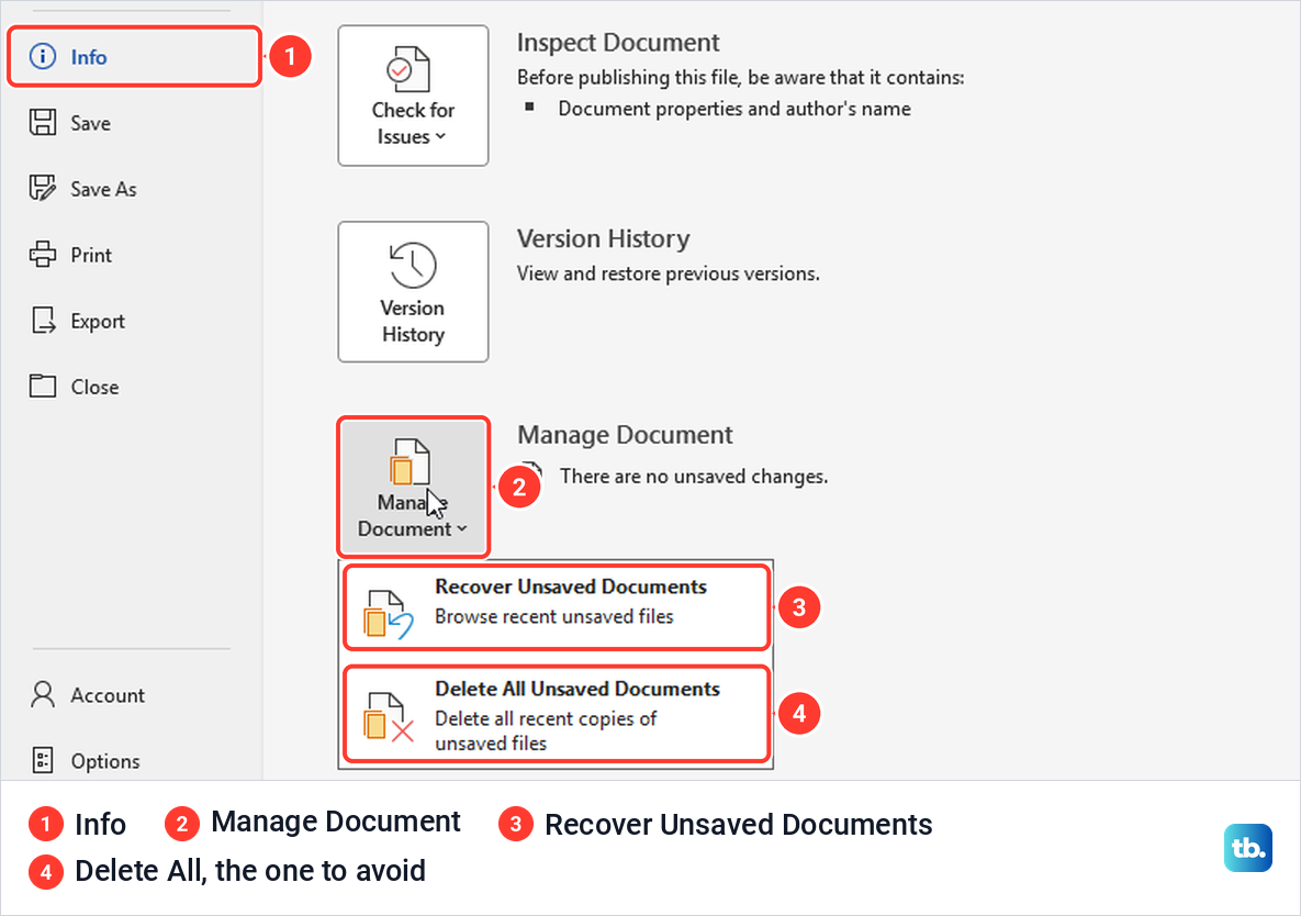 Word File Info page with the Manage Document menu open, showing Recover Unsaved Documents and Delete All Unsaved Documents.