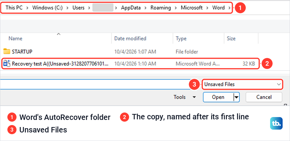 The Open window from Recover Unsaved Documents listing a recovery copy in Word's AutoRecover folder.