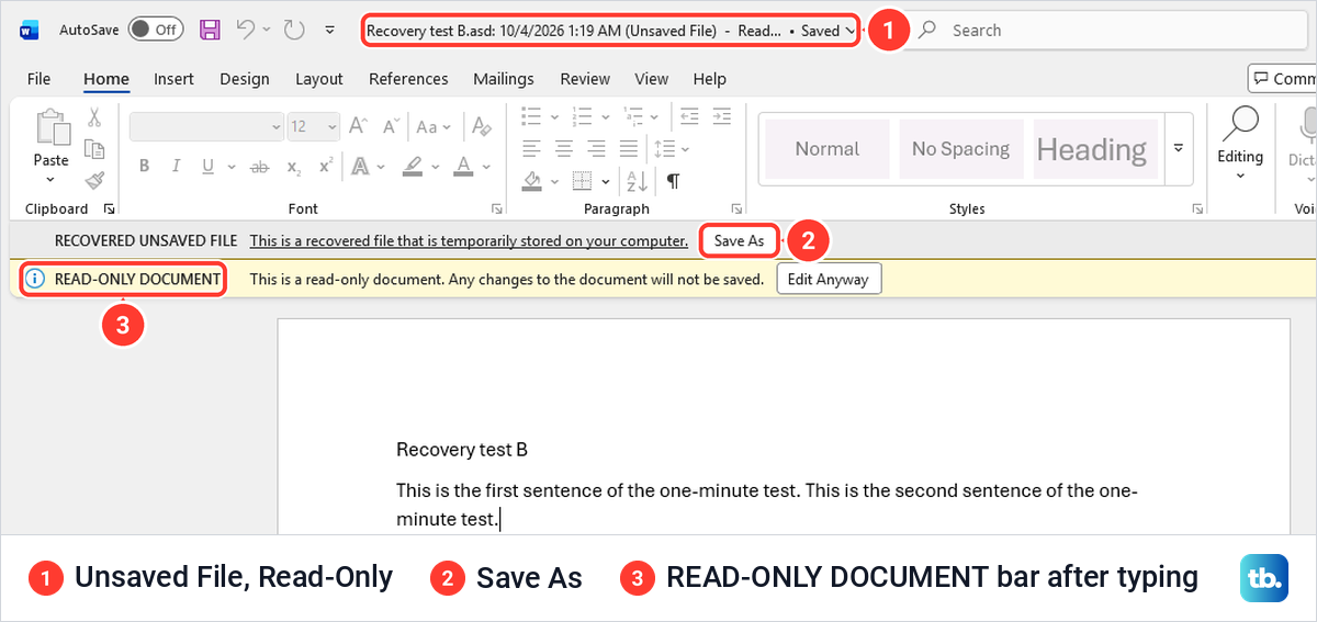 A recovered Word document opened read-only with the RECOVERED UNSAVED FILE bar and its Save As button.