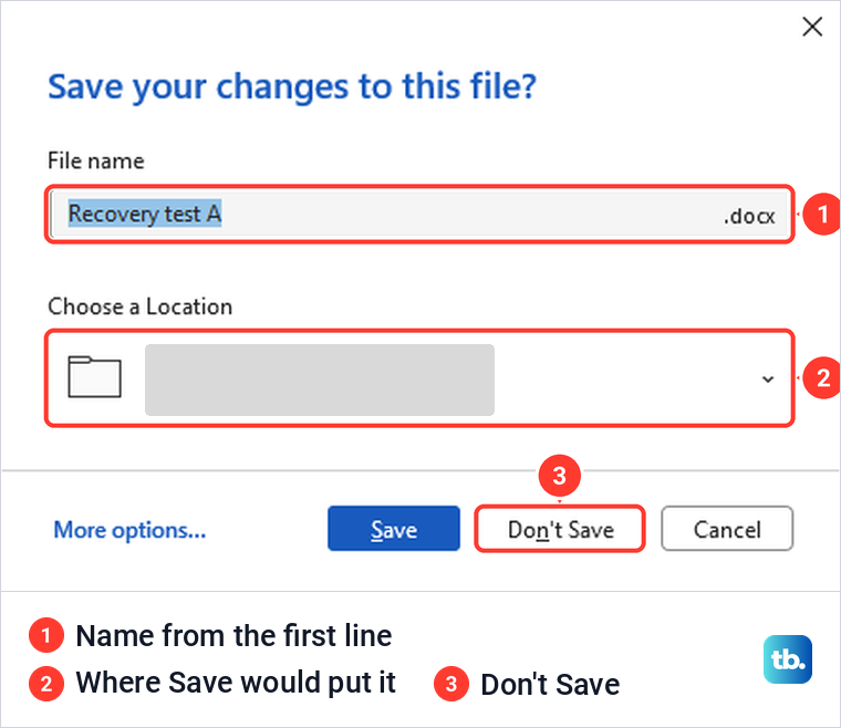 Word's Save your changes to this file prompt with a file name, a location and Save, Don't Save and Cancel buttons.