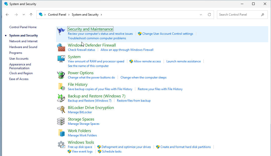 Windows 11 Control Panel System and Security with Security and Maintenance, Power Options, File History and BitLocker Drive Encryption
