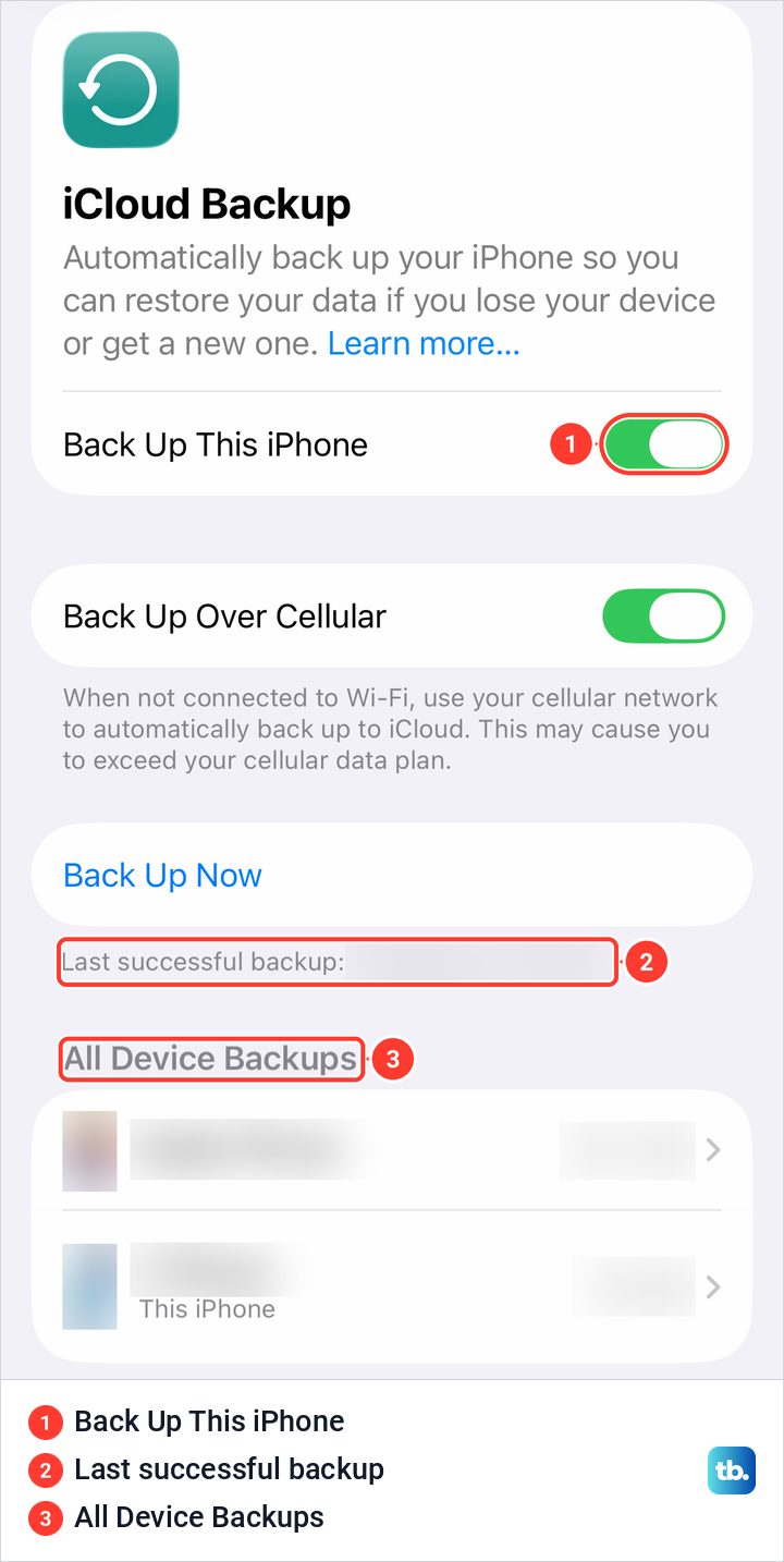 The iCloud Backup page on iPhone with the Back Up This iPhone switch and the last successful backup line.