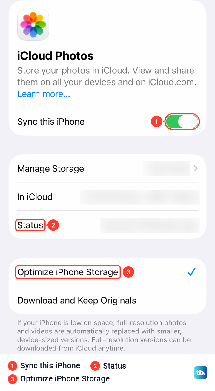 The iCloud Photos page in iPhone Settings with the Sync this iPhone switch and the Status line.