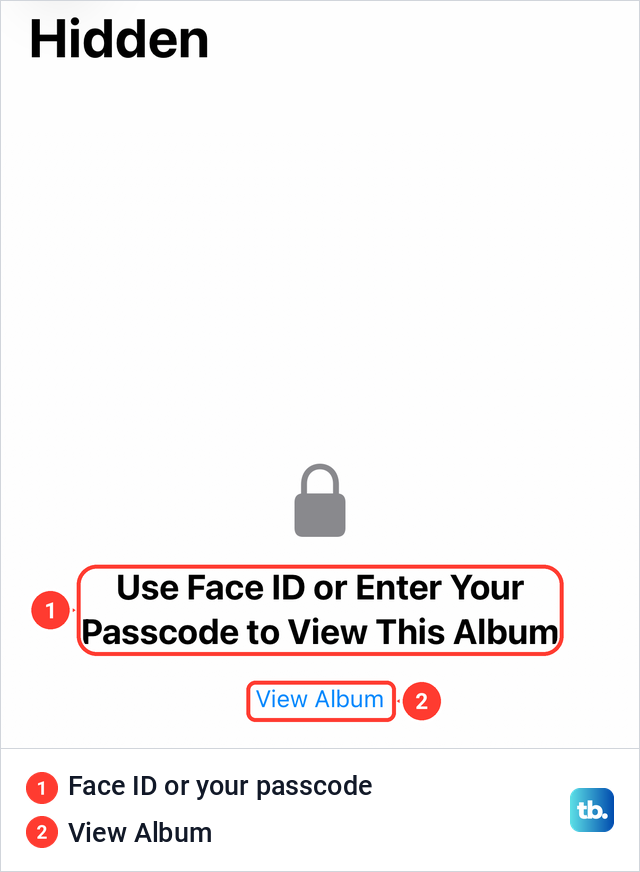 The locked Hidden album on iPhone asking for Face ID or the passcode, with a View Album button.
