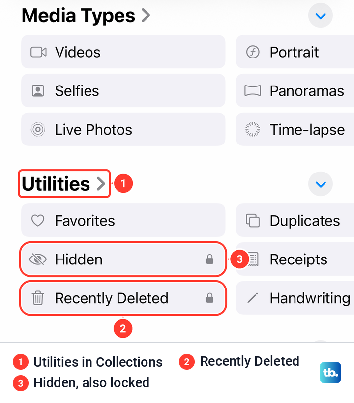 The Utilities section of iPhone Photos Collections with Hidden and Recently Deleted, each showing a lock icon.