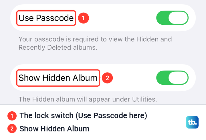 iPhone Settings for the Photos app with the Use Passcode and Show Hidden Album switches turned on.