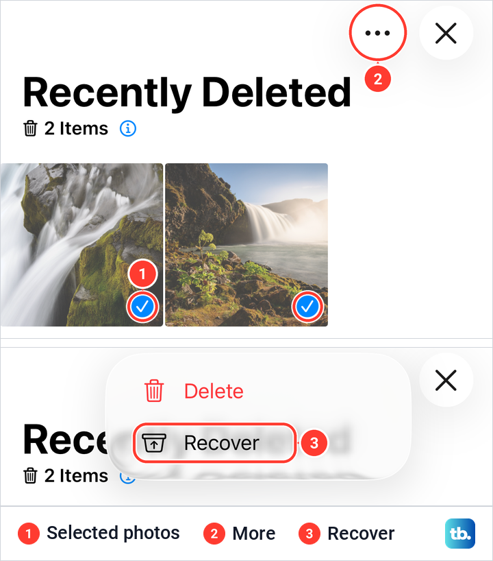 Two selected photos in Recently Deleted on iPhone and the More menu with Delete and Recover.