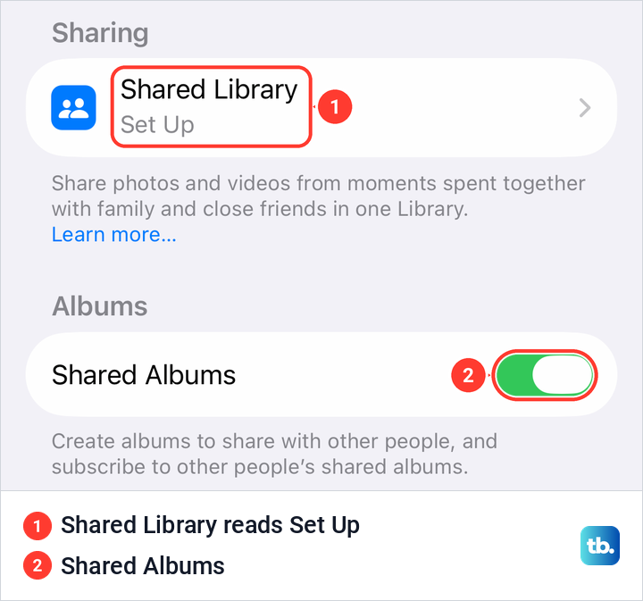 iCloud Photos settings on iPhone with Shared Library showing Set Up and the Shared Albums switch on.