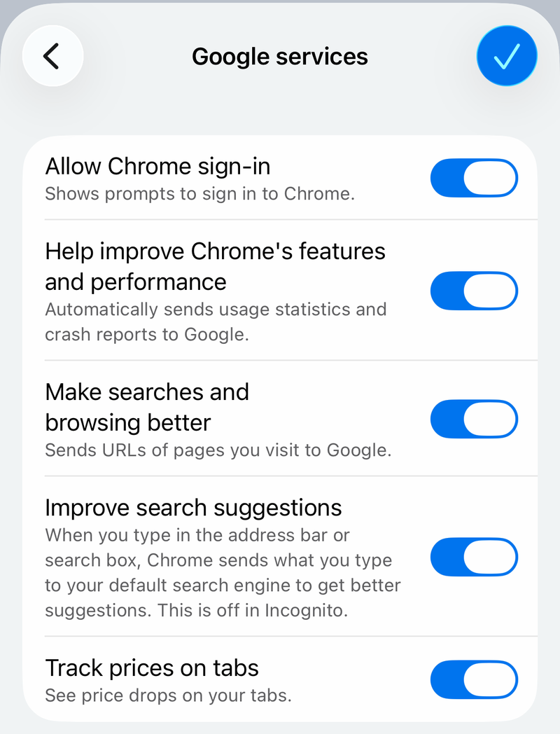 Chrome Google services settings on iPhone with Allow Chrome sign-in and other switches