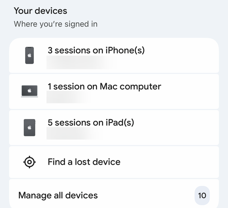 Google Account Your devices section with sessions grouped by device type and Manage all devices