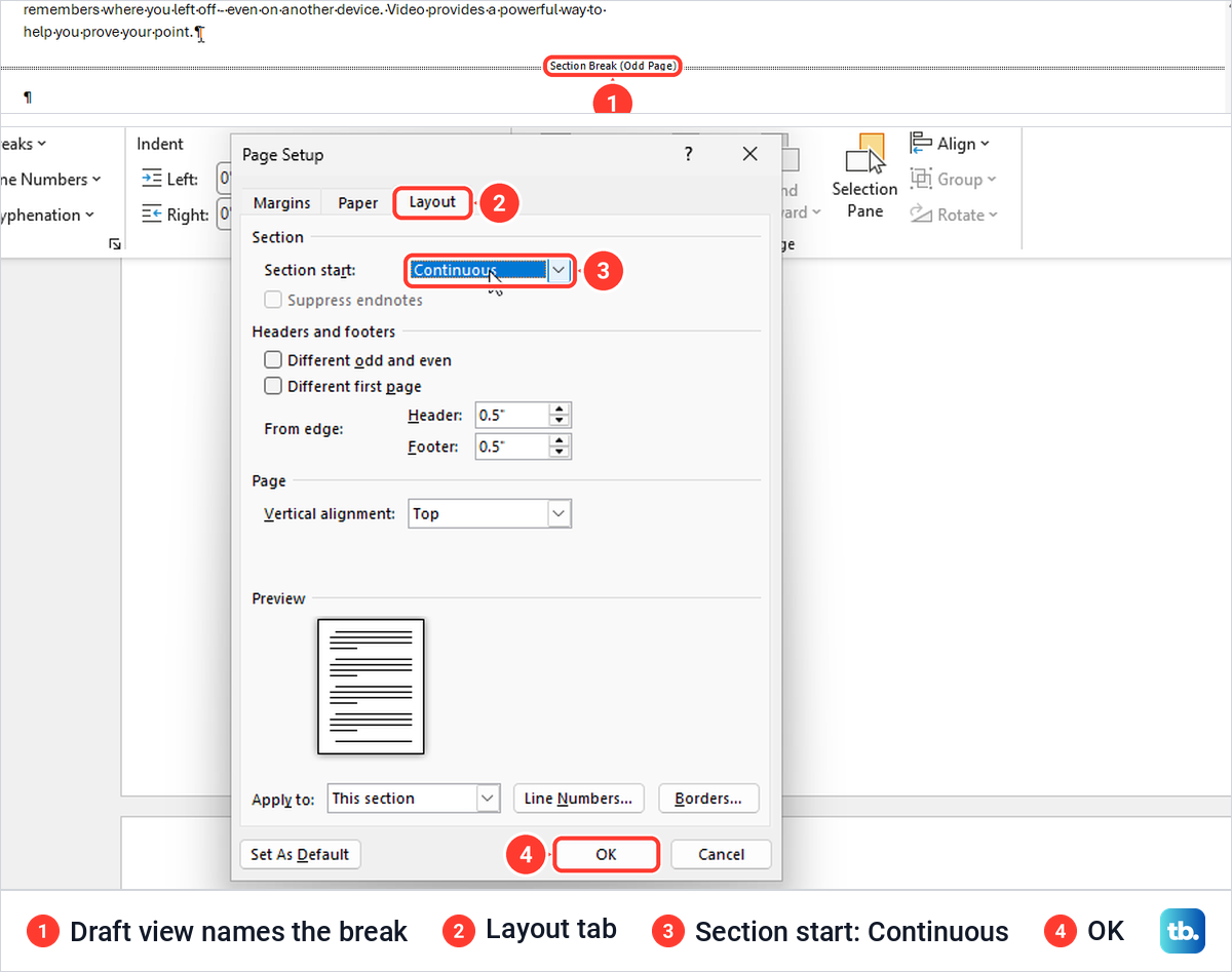 A Section Break (Odd Page) line in Draft view above the Page Setup dialog with Section start set to Continuous.