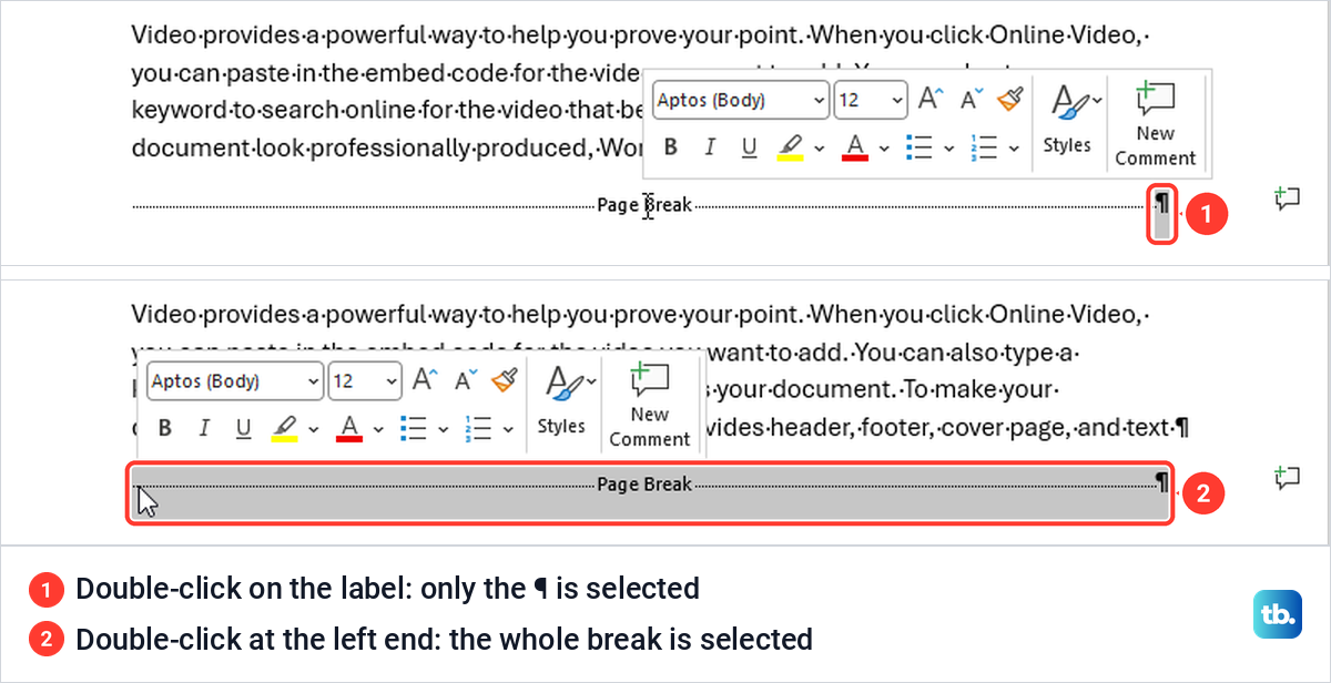 Two double-clicks on a Word page break line, one selecting only the paragraph mark and one selecting the whole break.