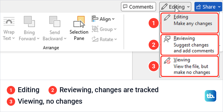 The mode menu in desktop Word offering Editing, Reviewing and Viewing.