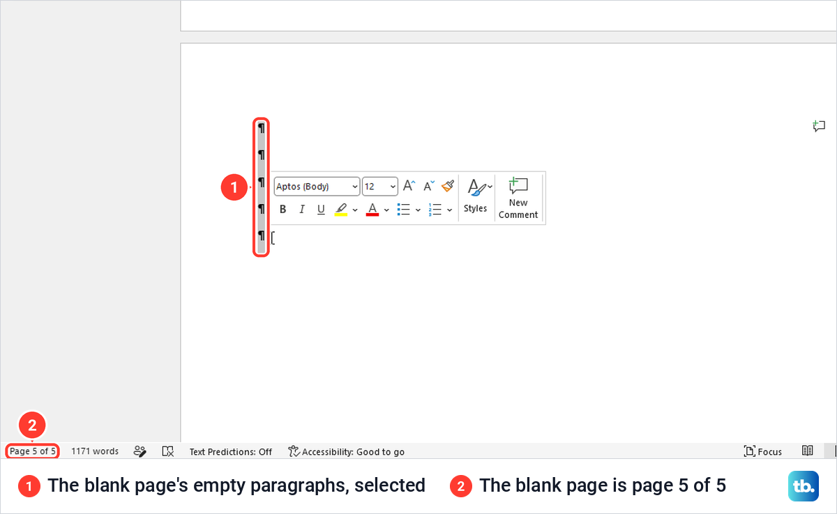 A blank last page in Word with its five empty paragraph marks selected.