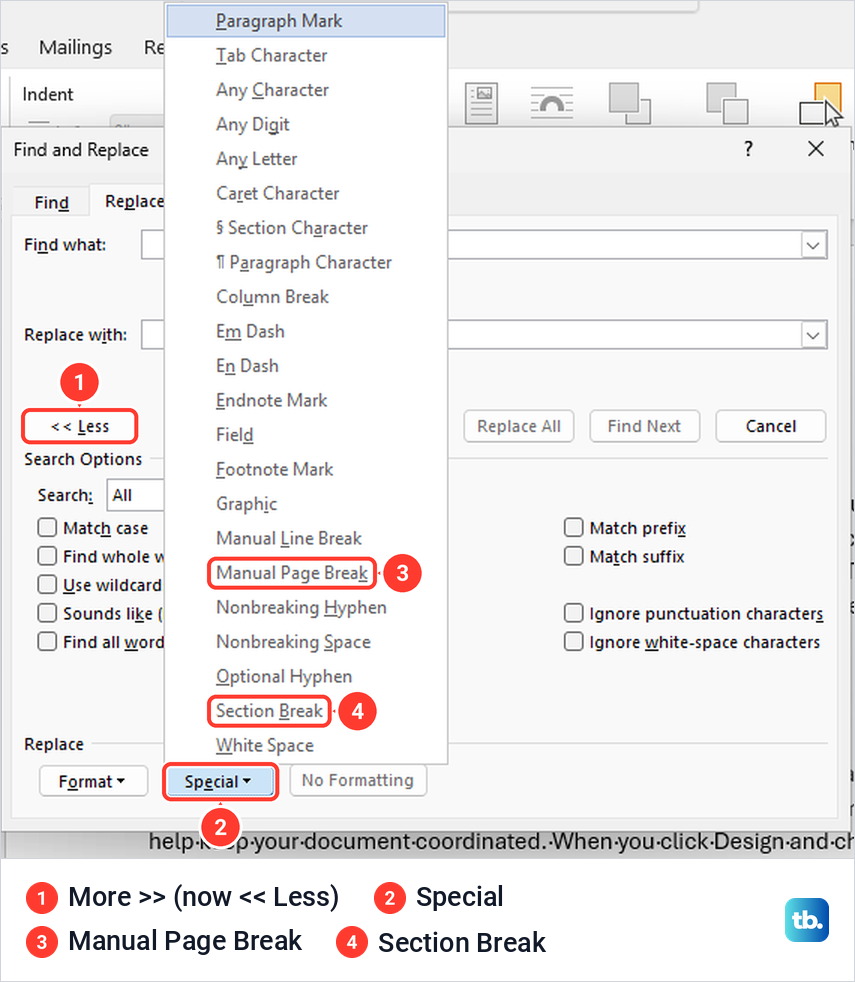 Word's Find and Replace dialog with the Special menu open, listing Manual Page Break and Section Break.