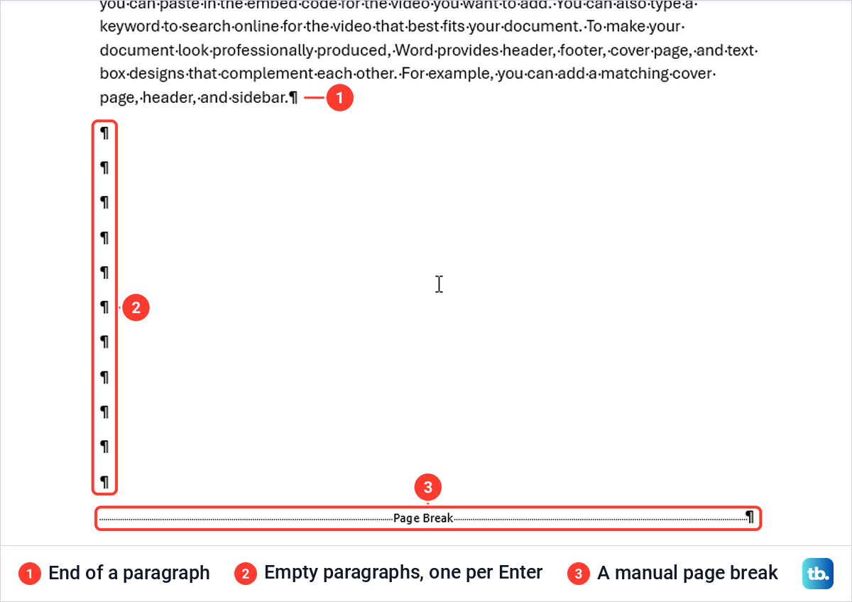 A Word page with formatting marks on, showing paragraph marks, empty paragraphs and a page break line.