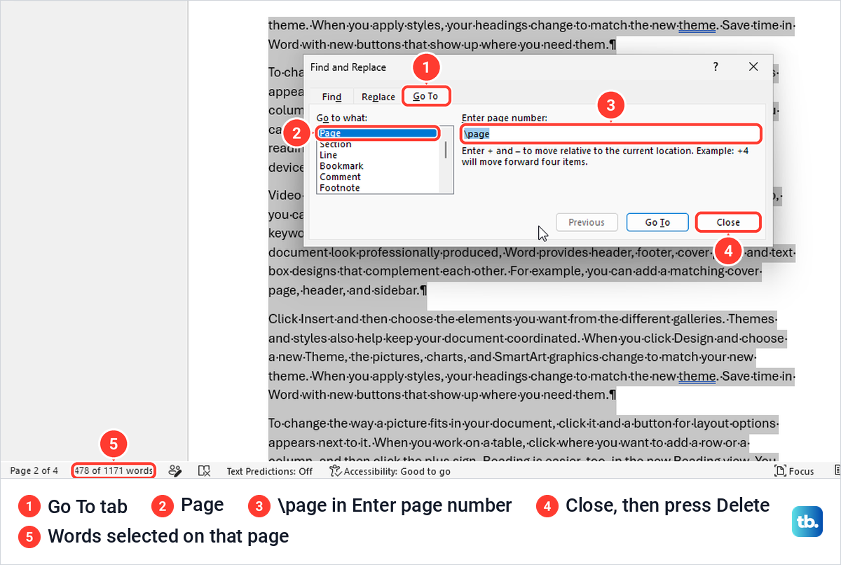 The Find and Replace dialog on the Go To tab with \page typed and a whole page of text selected behind it.