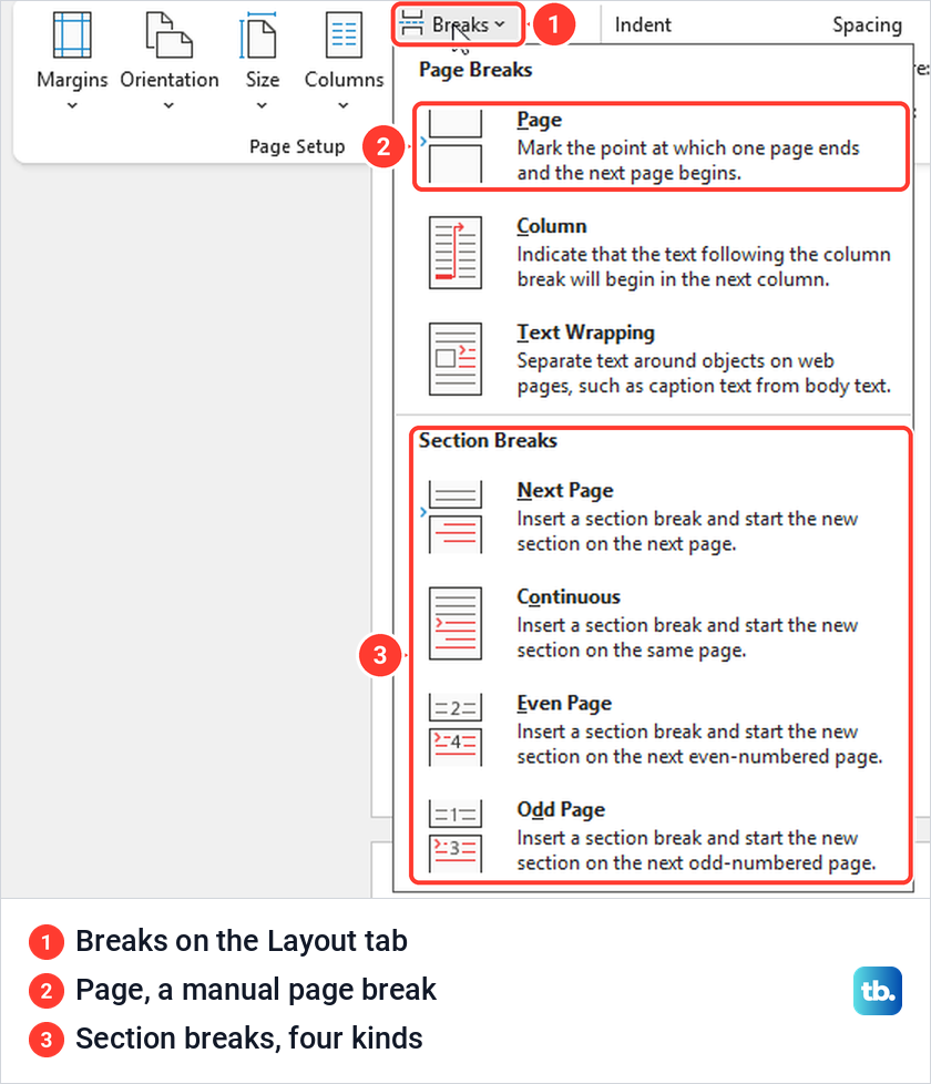 The Breaks menu on Word's Layout tab, listing page breaks and four kinds of section break.